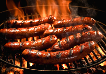 Grilled sausages on a barbecue grill with flames and smoke. Generative AI