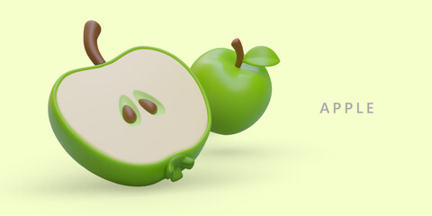 Green ripe apple whole and half. Detailed realistic image, fruit with seed, stem, leaf. Fresh natural product. Color concept with place for logo, sign, text
