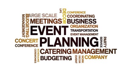 Event Planning animated tag word cloud;text design animation kinetic typography seamless loop.
