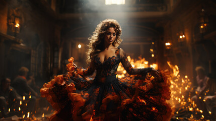 Fototapeta premium Flamenco Dance Fiery Passion. A stunning Spanish woman gracefully dances flamenco, with burning flames in the background. Expression of passion and artistry concept. AI Generative