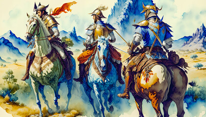 Rider on horseback with a saber. Cavalry. Watercolor. Generative AI.