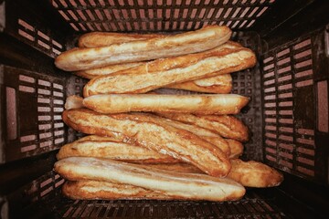 Closeup of crusty, freshly baked bread loaves