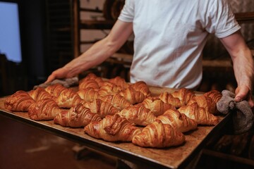 Cook holding a tray of freshly baked croissants