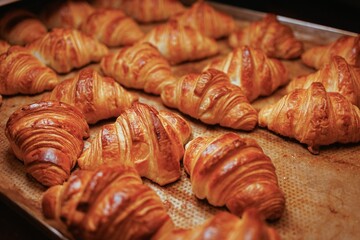 Closeup of freshly baked croissants on a tray