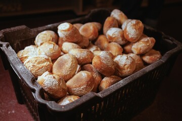 Closeup of crusty, freshly baked bread loaves