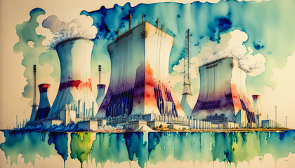 Nuclear power plant painting. Watercolor style. Generative AI.