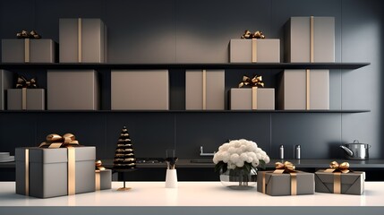 Gift boxes in a luxury interior room. Modern background. Copy space. Generative AI.