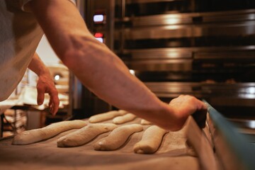 Baker working in the kitchen, preparing loaves of bread