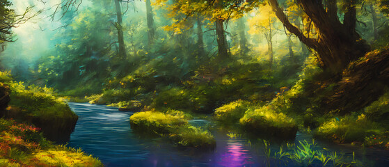 Paintinf of forest with a river. Generative AI.