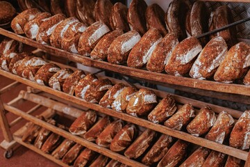 Closeup of crusty, freshly baked bread loaves