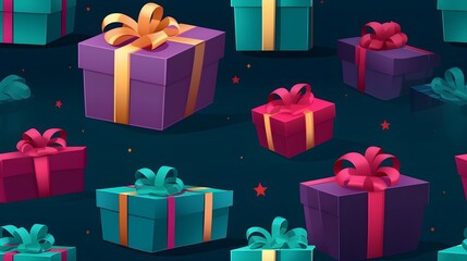 Fototapeta premium gift boxes, presents, cartoon style illustration. Seamless pattern. Generative AI.