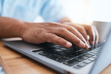 Laptop, hands and business person typing for online research, editing and copywriting or website management. Professional people, writer or editor working on computer for article, blog or media