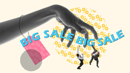 Female hand over two men. Big sales and great shopping, buying thing at low price. Contemporary art collage. Concept of shopping, sales, Black Friday, creativity. Banner, ad