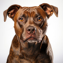 Front view of pitbull dog brown face on white background
