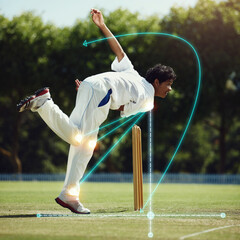 Cricket bowling, man and field on grass with overlay, science and mechanics for speed, sport and...