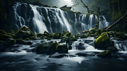 Long exposure photography of a waterfall, creating a silky-smooth flow of water. (Generative AI)
