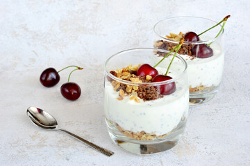 chia pudding in drinking glass with chia seeds muesli and yoghurt isolated copy space