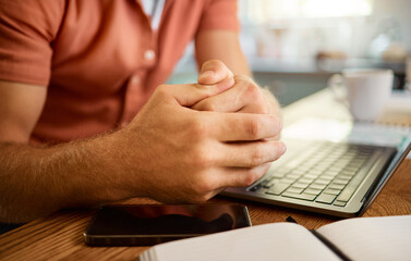 Man hands, laptop and book for remote work, planning or research in the kitchen. Businessperson, working or entrepreneur with a notebook and computer at a table in the morning in a house