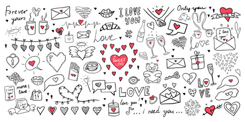 Big set doodle vector elements with hearts, love letters, envelopes with heart icons for valentine's day cards, posters, wrapping and design
