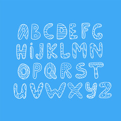 Cute educational letters set. ABC hand lettering. Doodle style. Isolated on blue 