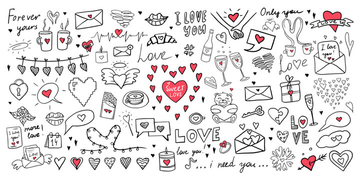 Big set doodle vector elements with hearts, love letters, envelopes with heart icons for valentine's day cards, posters, wrapping and design