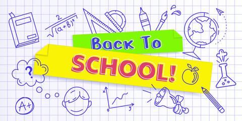 Back to School banner with labels, text and linear school supplies around, Back to School stickers on a paper background.