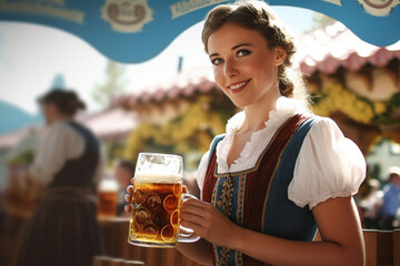 Fototapeta premium Waitress in traditional Dirndl dress with beer mugs at German Oktoberfest celebration