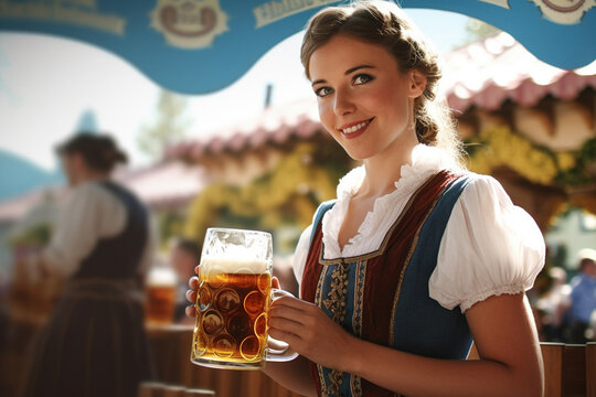 Waitress in traditional Dirndl dress with beer mugs at German Oktoberfest celebration