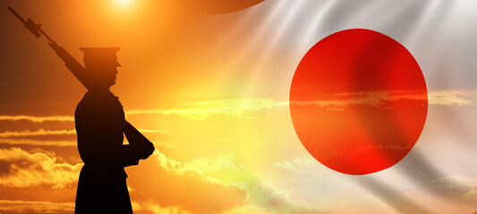 Solider Saluting Against the flag of Japan. Concept of national holidays. National Foundation Day. 3d illustration