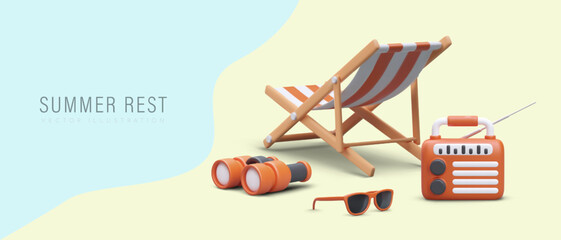 Comfortable summer vacation on river, lake, sea bank. Beach chair, binoculars, sunglasses, radio. Relaxation and sunbathing in nature. Time to rest. Color template