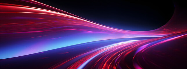 Light train motion illustration with dark background and neon and pink lights, sinuous lines and light violet and crimson, abstraction background création.