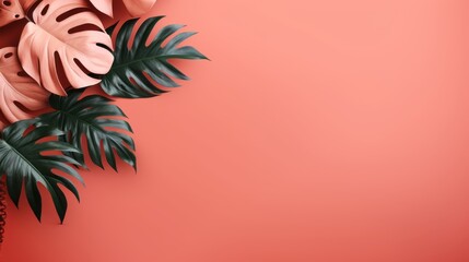 Philodendron's Touch, Minimal Summer Concept with Tropical Leaves on Vibrant Coral Color Background, generative ai.