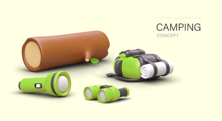 Vector camping concept for web design. 3D log, backpack, binoculars, flashlight in plasticine style. Advertising template for tourist guide services. Help in organizing hiking tours - obrazy, fototapety, plakaty