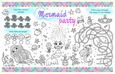 Festive placemat for children. Printable sheet "Mermaid party" with a labyrinth, connect the dots and find the same. 17x11 inch printable vector file