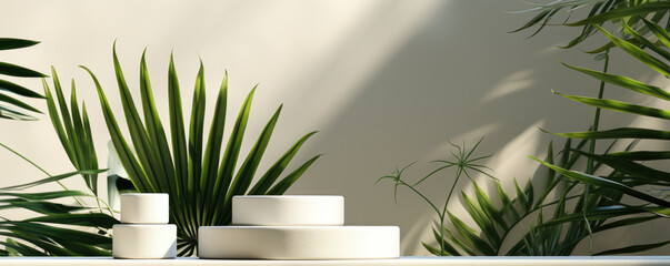 Three glossy white cylindrical podiums with textured sides, a sunlit green tropical bamboo palm casting leaf shadows on the wall—perfect 3D background for luxury organic beauty and skincare products.