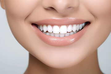 Obraz premium Close up of woman's smiling mouth with white teeth