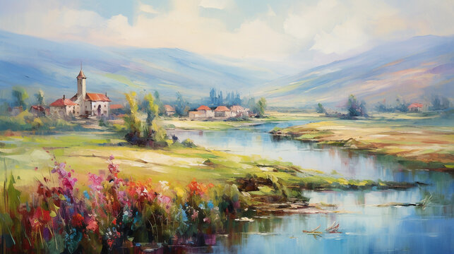Scenic rural landscape showing small town with river, mountains and farm houses under vivid blue sky. Oil painting made with generative AI. Beautiful artistic image for poster, wallpaper, art print.
