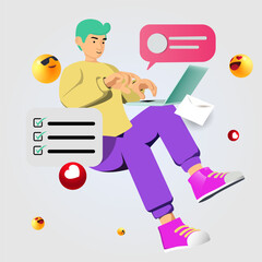 Casual Young Man Floating Using Computer. People Vector Design.