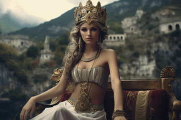 Fictional queen of Albania on Albanian background - obrazy, fototapety, plakaty