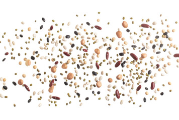 Mix beans fall down explosion, several kind bean float explode, pouring down. Dried mixed white green red soy black peanut beans splash throwing in Air. White background Isolated high speed shutter