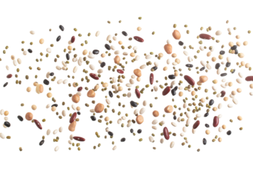 Mix beans fall down explosion, several kind bean float explode, pouring down. Dried mixed white green red soy black peanut beans splash throwing in Air. White background Isolated high speed shutter
