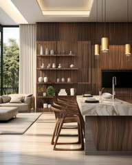 Opulent wooden dining table island with a marble top, paired with two tall chairs in a brown wood panel living room. perfect 3D background for interior decoration design products.