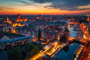 The Main Town of Gdansk by the Motlawa riover at sunset, Poland.