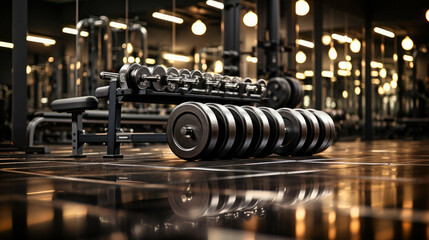 Obraz na płótnie Canvas a comprehensive set of gym weights presented in high-definition, showcasing the elements essential for strength training, optimized for a 16:9 resolution. Ai Generated