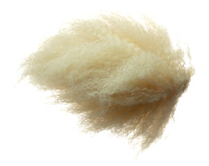 Afro Wig hair style fly fall explosion. Golden blond afro woman wig hair float in mid air. Afro wig...