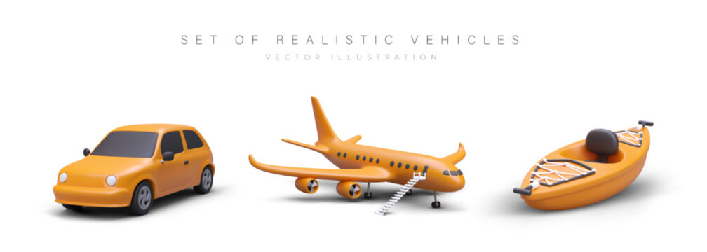 Set of realistic vehicles. Travel by land, air, water. Personal and public transport. 3D orange car, plane, kayak. Isolated vector illustration with shadows on white background