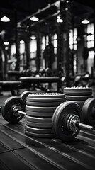 Obraz na płótnie Canvas a comprehensive set of gym weights presented in high-definition, showcasing the elements essential for strength training, optimized for a 16:9 resolution. Ai Generated