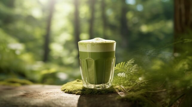 Beautiful close-up of a green tea matcha latte drink in a forest, made with generative AI