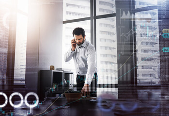 Phone call, overlay and business man with data analysis, stock market results and graphs, charts or finance trader. Professional person talking on mobile for trading news or advice in office chat