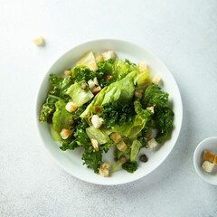 Healthy leaf salad with bread croutons